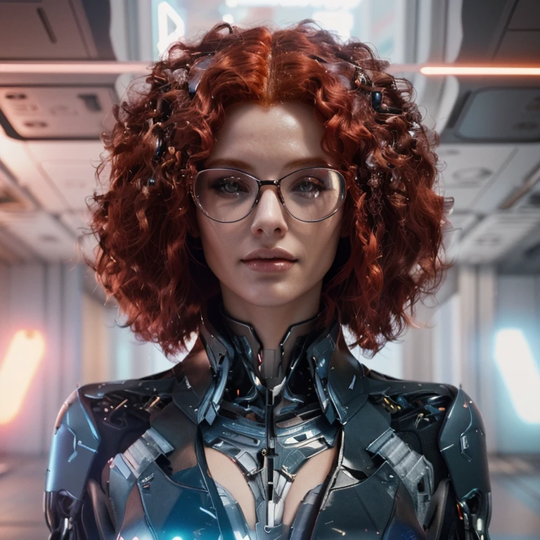 There's a woman with red hair and glasses posing for a photo, portrait beautiful science fiction girl, retrato de uma science fiction woman, beautiful cyberpunk woman model, science fiction female character, elegant futuristic woman, science fiction woman, cyberpunk female redhead, cyberpunk art ultrarealistic 8k, futuristic woman portrait, afro futuristic, 8k 3D rendering character art