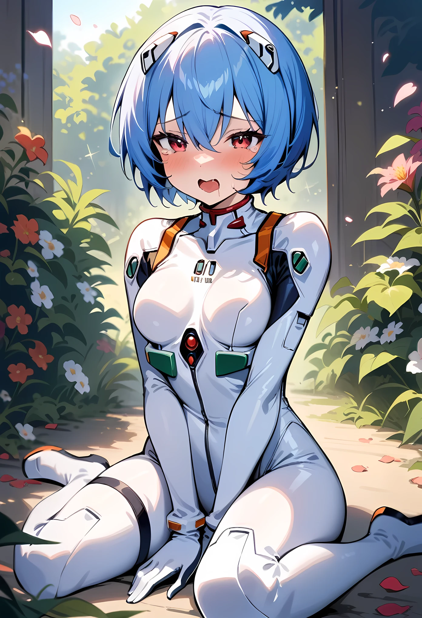 masterpiece, best quality, very aesthetic, absurdres, newest,1girl, wariza, masturbate, one_hand_between_legs ,open_mouth, saliva, tear in eyes,,embarrassed, ,Ayanami Rei,white bodysuit,red eyes,pilot suit,short hair,blue hair,bangs,interface headset,turtleneck,hair between eyes,surrounding by flowers,falling_petals, outdoors, petals,