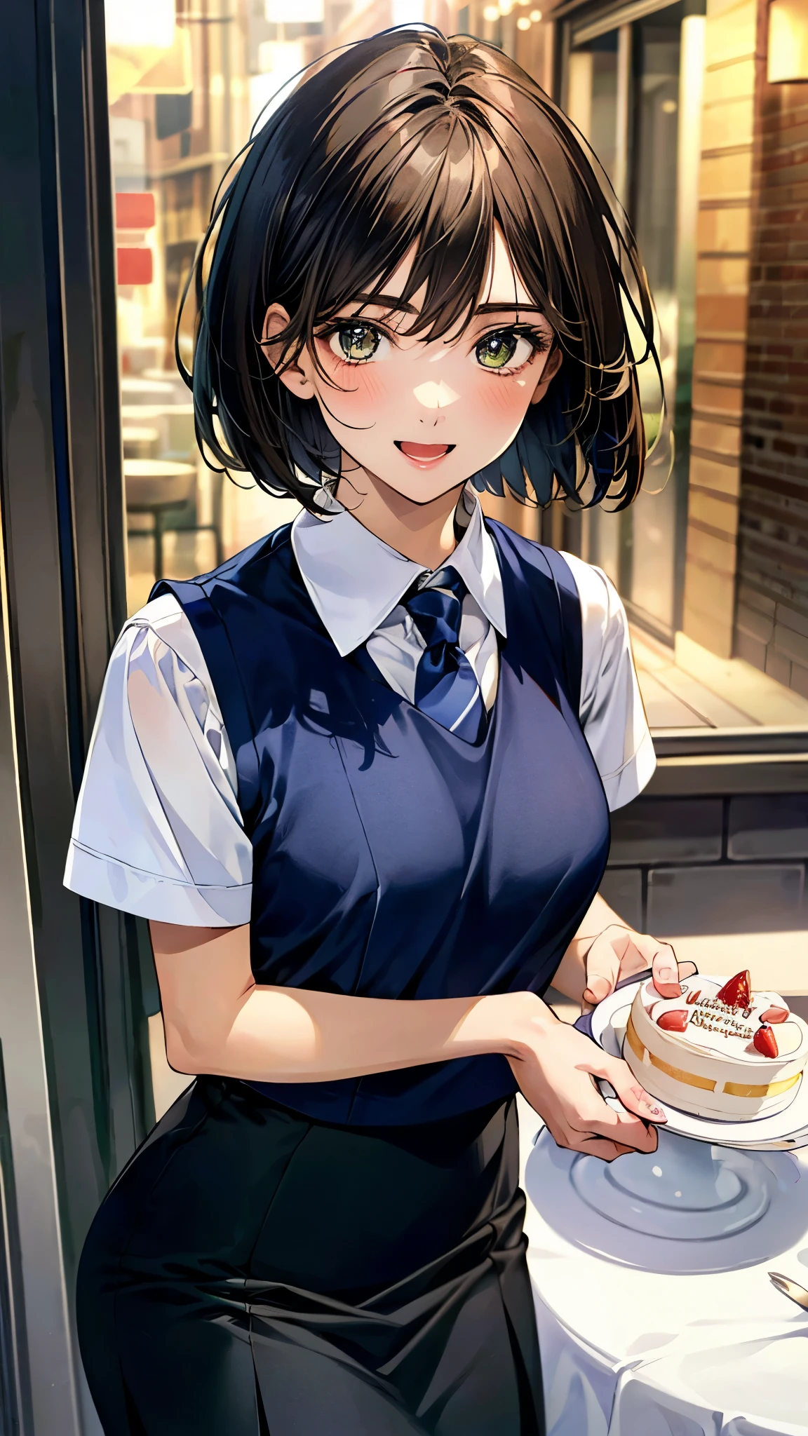 (masterpiece:1.2, top-quality, ultra high res, ultra detailed), (realistic, photorealistic:1.4), beautiful illustration, perfect lighting, natural lighting, colorful, depth of fields,
beautiful detailed hair, beautiful detailed face, beautiful detailed eyes, beautiful clavicle, beautiful body, beautiful chest, beautiful thigh, beautiful legs, beautiful fingers,
looking at viewer, 1 girl, high school girl, perfect face, (perfect anatomy, anatomically correct), cute and symmetrical face, babyface, , shiny skin,
(short hair:1.5, bob cut:1.5, messy hair, light brown hair), hair between eyes, dark green eyes, drooping eyes, big eyes, long eye lasher, (medium breasts), slender,
(navy outfit, navy suit vest, short sleeve collared white shirt, navy tight skirt), neck ribbon tie,
(beautiful scenery), evening, (outside cake shop), (happy smile, open mouth small),