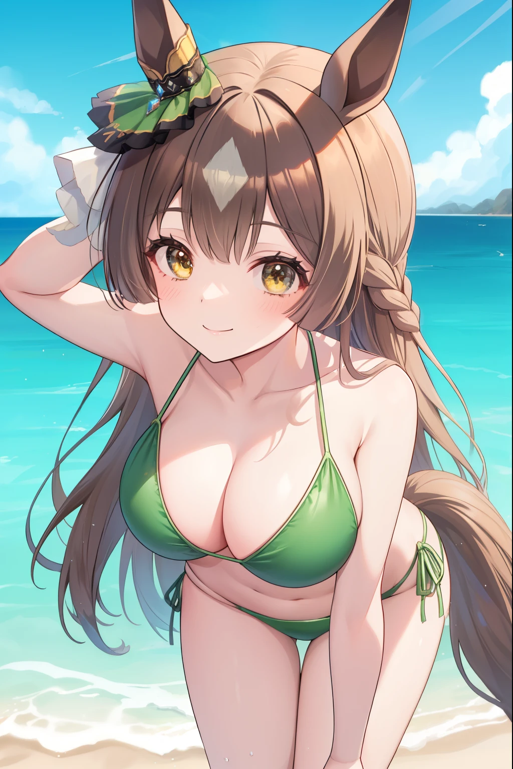 ((Highest quality, masterpiece, High resolution)), One girl, Satono Diamond\(umamusume\), Swimwear, (Light green bikini), Large Breasts, Cleavage, (Horse tail), smile, smile, Sandy Beach, Beach, Are standing, forward leaning posture