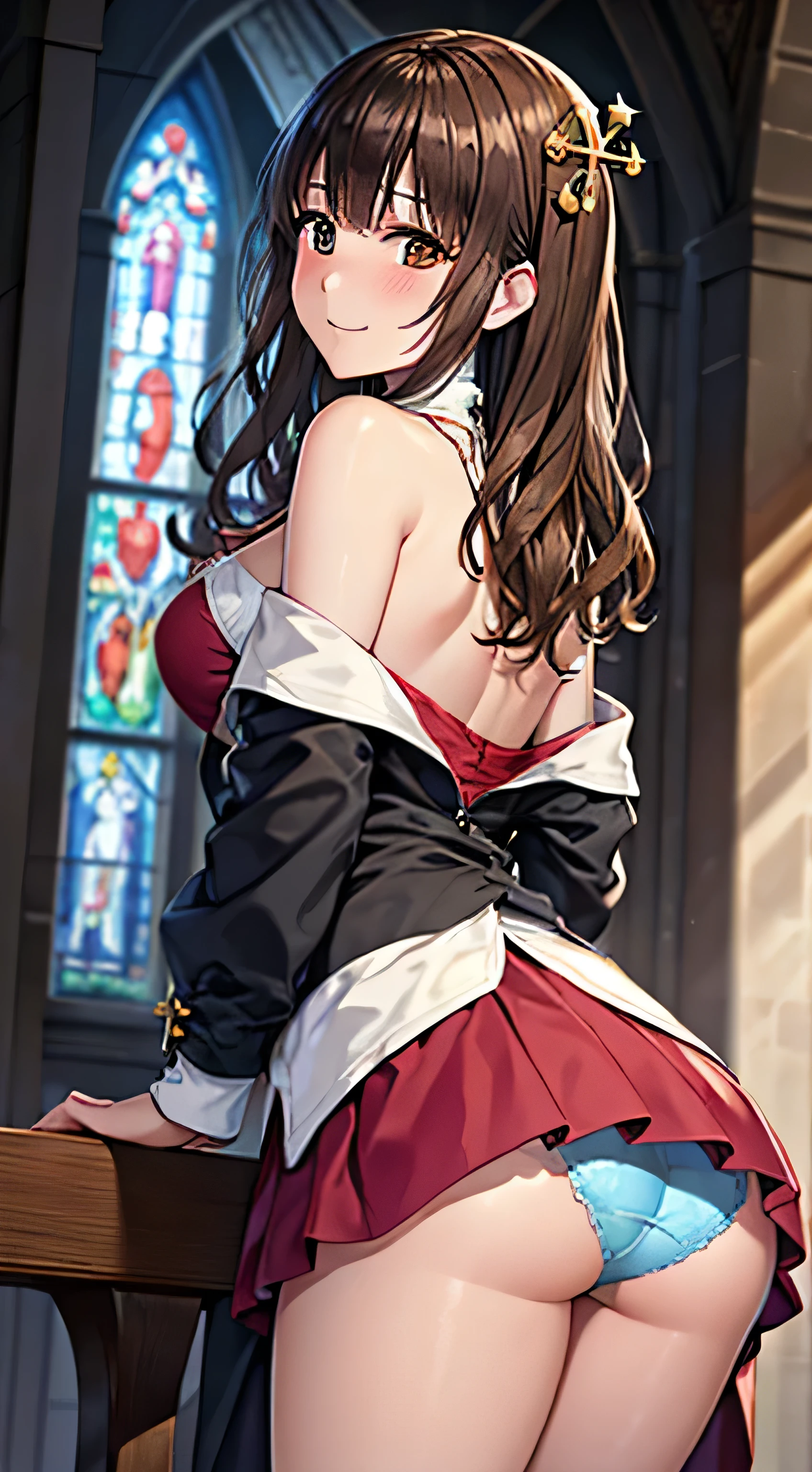 ((Tabletop, Highest quality, High resolution, , Pixel Perfect, 4K,))), 1 female, 、The whole body is visible、 ((Long Wavy Hair, bangs, Brown Hair)), ((Brown eyes, Beautiful eyelashes, Realistic eyes)), ((Detailed face, Blushing:1.2)), ((Smooth texture:0.75, Realistic texture:0.65, Realistic:1.1, Anime CG Style)), Medium sized breasts, Dynamic Angle, Perfect body, (( , , Beautiful Priest、、 Priest off-shoulder jacket、Priest Flare Skirt、、)), Gold Hair Ornament、Cross Necklace、、Very embarrassing panic smile, 、Gorgeous church basilica、、Hold a big Bible、Leaning forward、Stick your butt out、Lace panties、、、、、、 、Angle from below)、