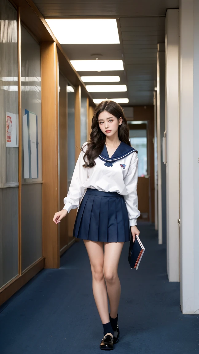 Highest quality,masterpiece,Ultra-high resolution,(Actual:1.4),Original photo,Ultra-high resolution,8K,There are women,Fair skin,Exquisite makeup,High heels,Long legs,Bright and beautiful,Strongly blurred beautiful office corridor background,Super long brown hair,Hair with loose waves inside、reaching down to the waist、wearing student clothes、Long sleeve sailor suit worn by Japan 、blue cuffs、Dark blue mini pleated skirt, white socks、Black loafers、school classrooms、High school girl reading a book、a sailor suit