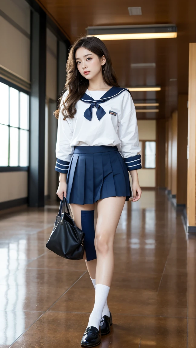 Highest quality,masterpiece,Ultra-high resolution,(Actual:1.4),Original photo,Ultra-high resolution,8K,There are women,Fair skin,Exquisite makeup,High heels,Long legs,Bright and beautiful,Strongly blurred beautiful office corridor background,Super long brown hair,Hair with loose waves inside、reaching down to the waist、wearing student clothes、Long sleeve sailor suit worn by Japan 、blue cuffs、Dark blue mini pleated skirt, white socks、Black loafers、school classrooms、High school girl reading a book、a sailor suit