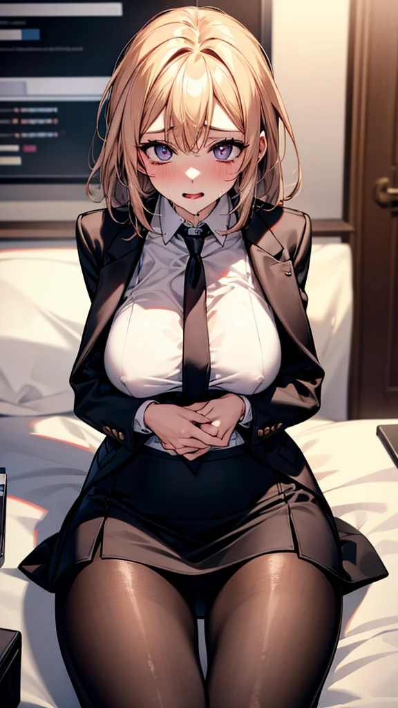 SFW,Dildo inserted under pantyhose: 1.5, Lower tits exposed,Sitting in office. Shiny tailored suit, mini skirt, torn pantyhose. Female office worker in her 30's ,She is soaked in pleasure and steam is coming out of her body, indicating her level of arousal. Her mouth is wide open and she is drooling. Even her eyes show her state of arousal, 

