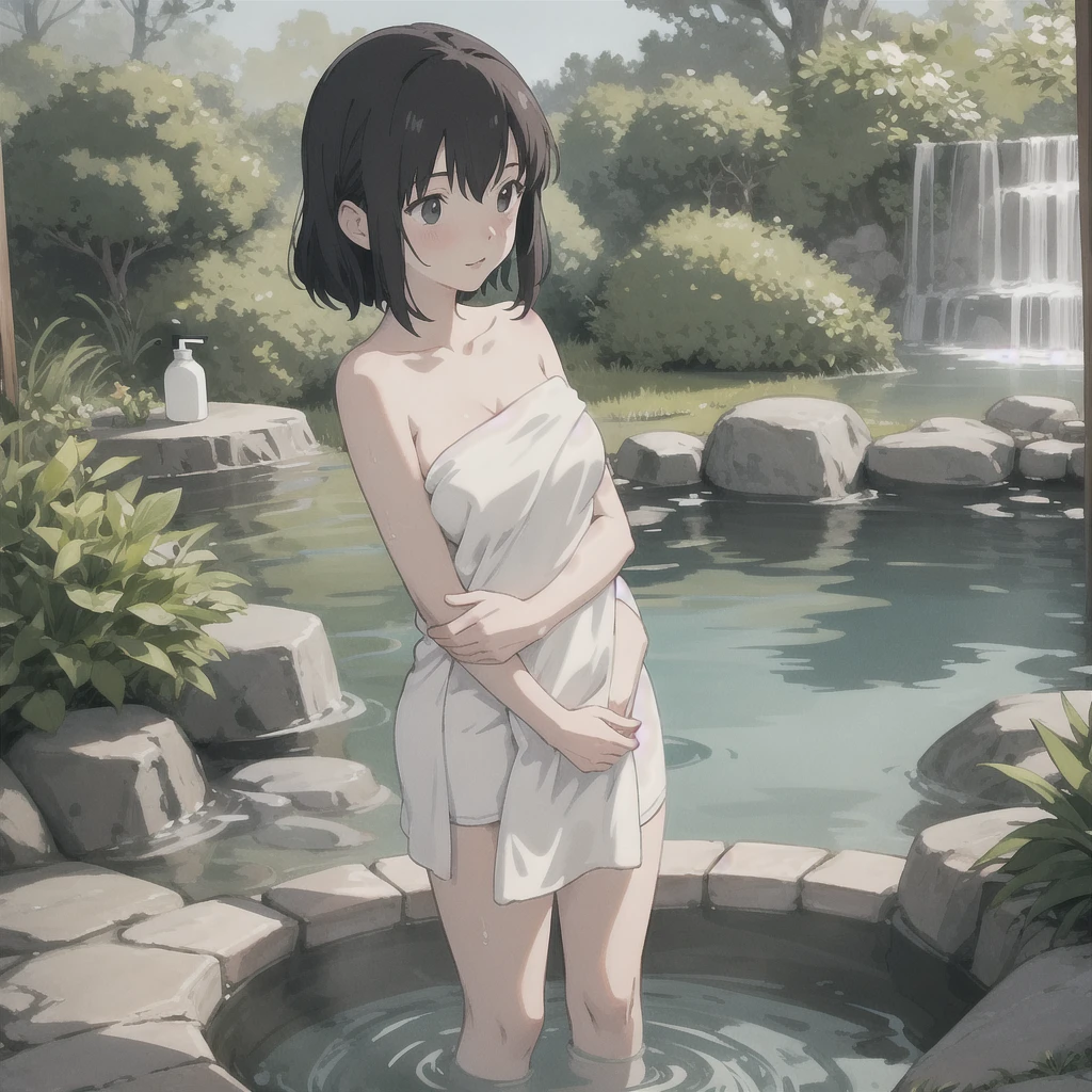 {{Wrapped in a bath towel}}Woman with a towel wrapped around her body, .illustration, mother, hot spring, standing, Ghibli style, high resolution