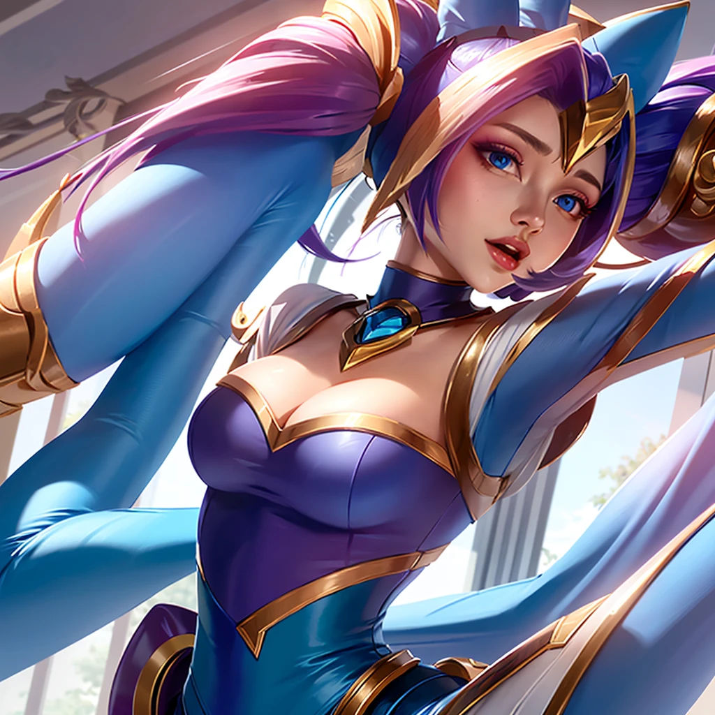 ((best quality)), (Extremely detailed),  ((Ultra HD)), (masterpiece), (high quality), (best quality), (4K), (high quality), （1 girl），slim, （Transparent fabric），Gwen，League of Legends，Curled up double ponytails，avatar，Cleavage，Ultra-high resolution，