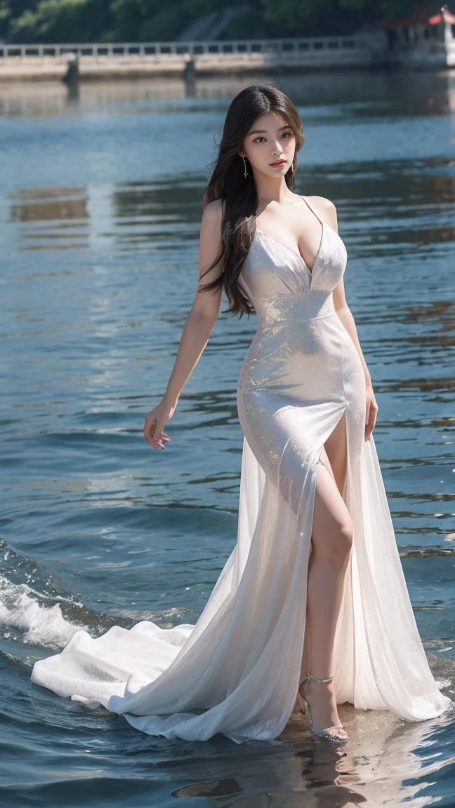 woman in long dress standing on boat,beautiful asian woman,gorgeous chinese model,long flowing hair,flowing dress,photo of slim female model in flowing dress,in long flowing dress,on sea,curvy,big breasts,D cup,busty beauty,big breasts,round breasts,huge breasts,