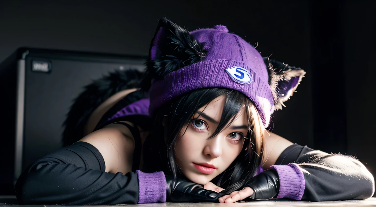 Create me a female Sonic character, black fur,red eye,purple hat
