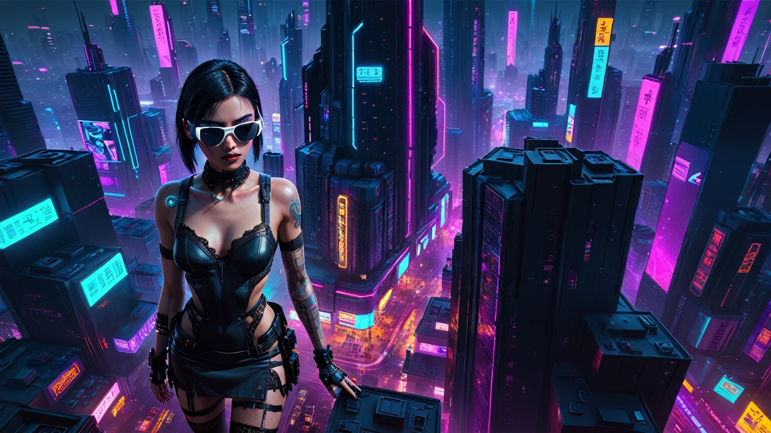(((1woman, solo))), rainbow light, 3d neon art of a woman's body, cyberpunk femme fatale, seductive cyberpunk dark fantasy, cyberpunk 20 y. o large-breast:1.1 model girl, (((with black miniskirt and white lace panty, with matrix style black micro sunglasses))), oppai cyberpunk, banner, high definition cgsociety, cgsociety masterpiece, trending on cgstation, kda, (((((aerial view))))) image of neon-noir cyberpunk city in the background.
