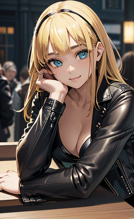 (masterpiece:1.5、Photorealistic:1.4,High Saturation:1.4、high resolution:1.4)、,(spot light:1.2、Exquisite beautiful eye:1.5,)、、
(kind eyes、tareme:1.4),()、(Cute Face、Eyes in Love:1.4)、(blonde hair:1.5)、(middle hair:1.5),(sidelock :1.9),(blunt bangs:1.3),(1 girl)、(aqua eyes:1.2)、(upper body:1.5)、(fingersmile:1.5)),(sitting)、(head rest)、(head tilt) ,(),(small breasts),(),(bra in a leather jacket,:1.5),(leather pants:1.3),(surrounded by a crowd:1.5)、()、()、Slim Body(),Shiny Hair、girl、zydG