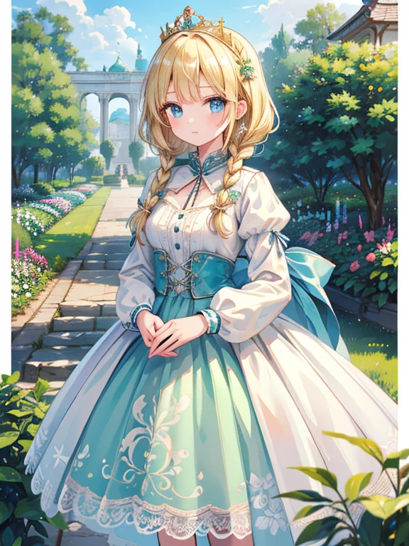 masterpiece, Highest quality, Very detailed, 16K, Ultra-high resolution, Cowboy Shot, Detailed face, Perfect Fingers, 1 female, ************, blue eyes, blonde, Braiding, royal palace, garden, hjy, a green and white dress with a bird on it