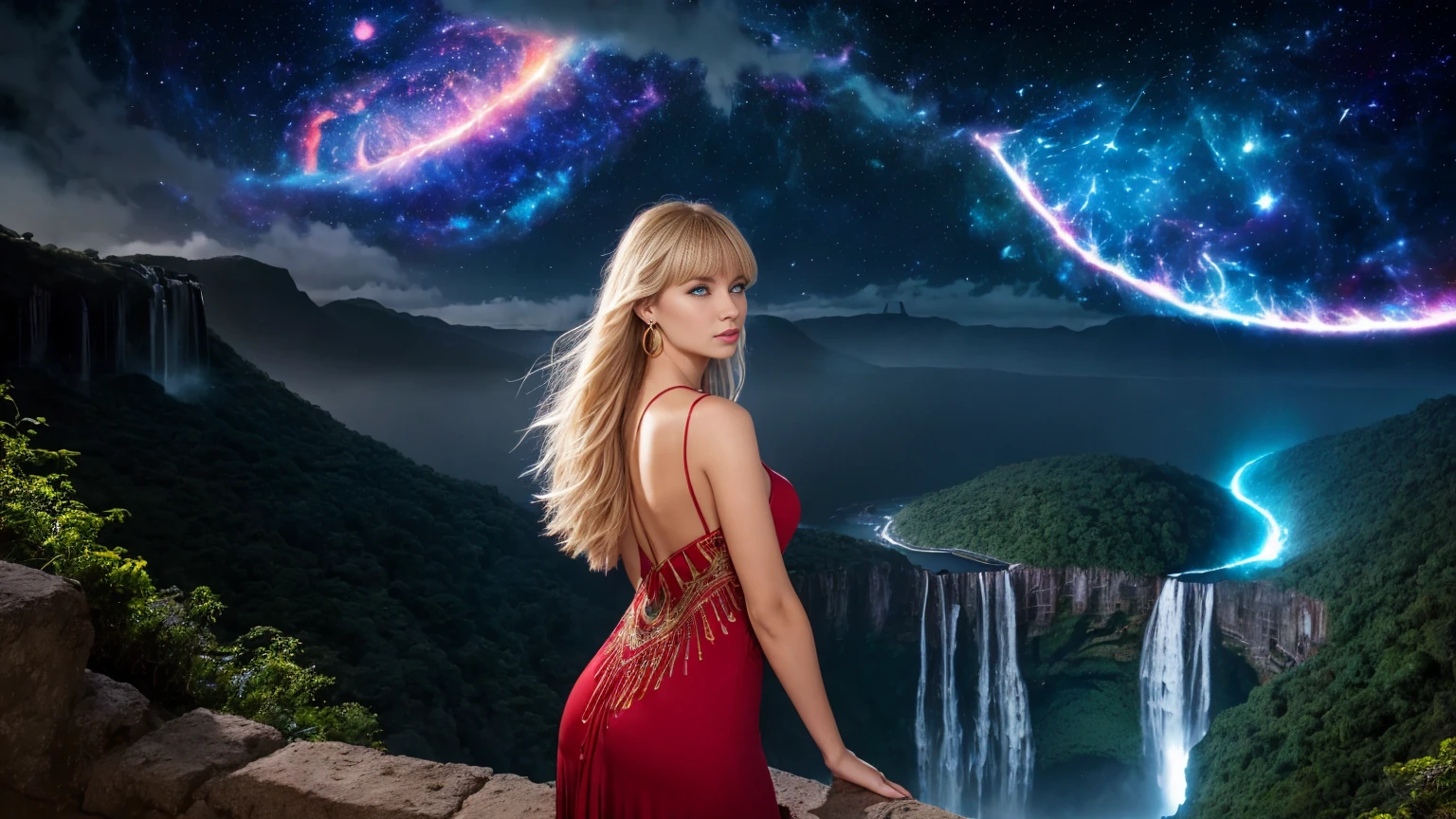 In an 8k resolution photo, a stunning (Russian girl) with a perfect physique, blonde hair flowing down her back like a river of gold and piercing blue eyes takes center stage at the edge of a huge waterfalls overlooking the valley. Her features are accentuated by bright red lipstick and large gold hoop earrings. Round bangs frame her face as she sits confidently (facing the camera:1.3). She wears an elegant short red dress that shows off her perfect body. The high-angle shot captures the grandeur of the majestic waterfall's peak, with the woman situated at its edge, overlooking a breathtaking valley. The deep view expands to reveal a fusion of lush (jungle:1.3), (waterfalls:1.5), river flow amidst the darkness, as if the very forces of nature have converged in this mystical realm in (the dark night:1.8) and (beautiful supernova and galaxy in the sky:1.5).