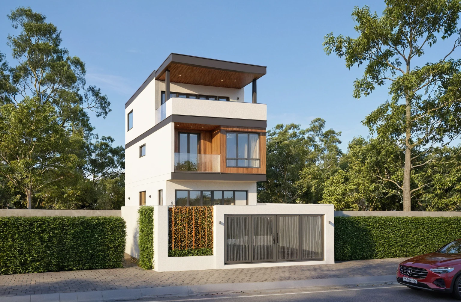 Raw photo,Masterpiece, high quality, best quality, authentic, super detail,
exterior, outdoors, house style modern on the street, glass windows, gate, wooden ceiling,
road,pavement, trees, sky, cloud, (daylight:1.1)