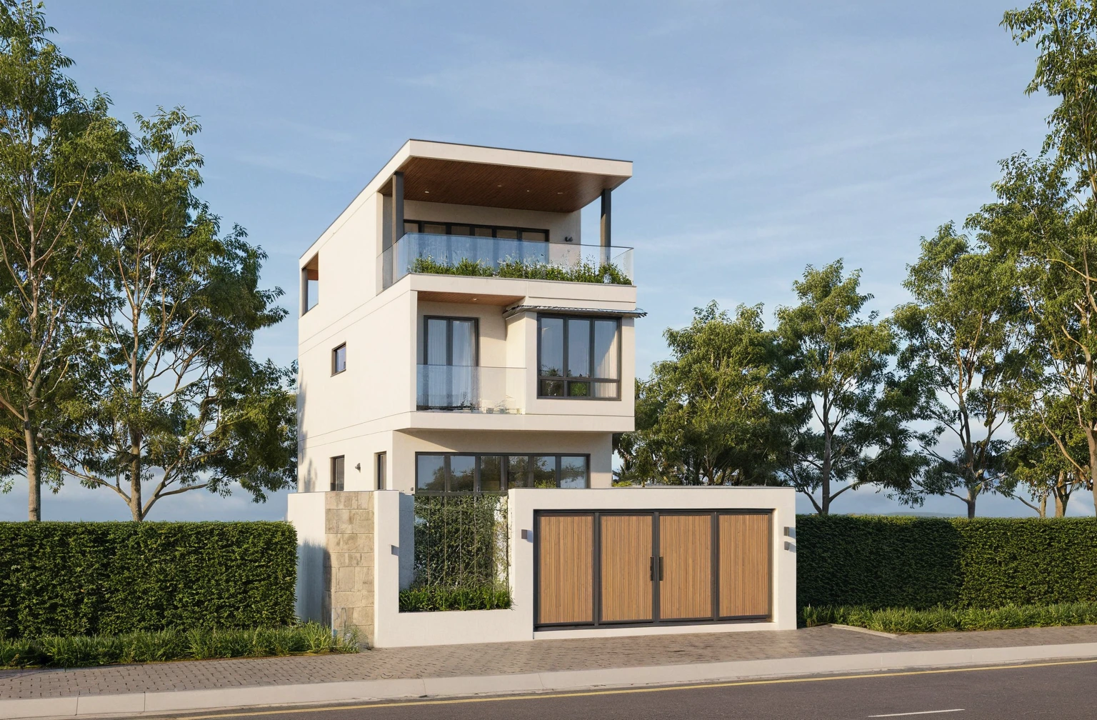 Raw photo,Masterpiece, high quality, best quality, authentic, super detail,
exterior, outdoors, house style modern on the street, glass windows, gate, wooden ceiling,
road,pavement, trees, sky, cloud, (daylight:1.1)