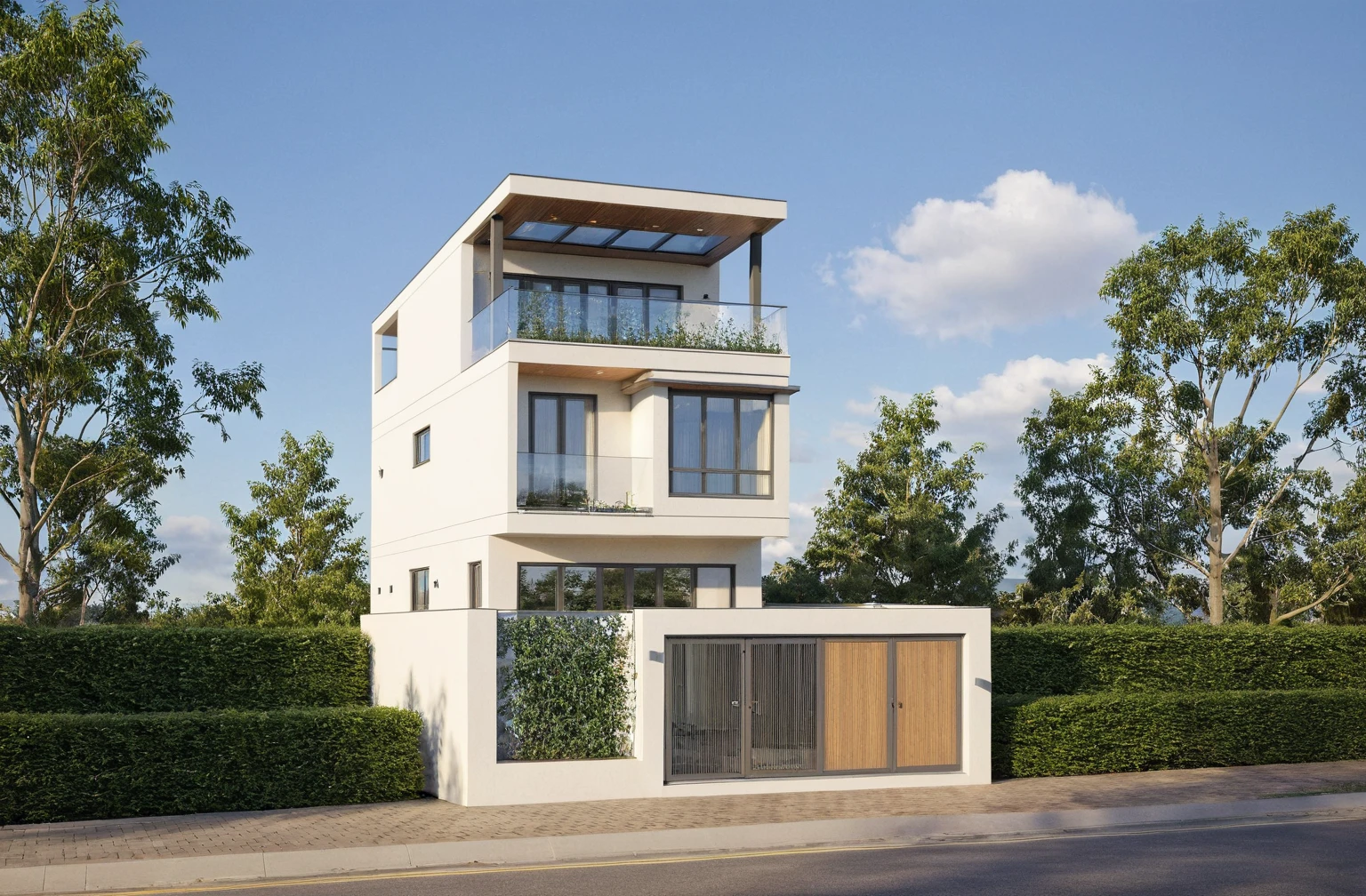 Raw photo,Masterpiece, high quality, best quality, authentic, super detail,
exterior, outdoors, house style modern on the street, glass windows, gate, wooden ceiling,
road,pavement, trees, sky, cloud, (daylight:1.1)