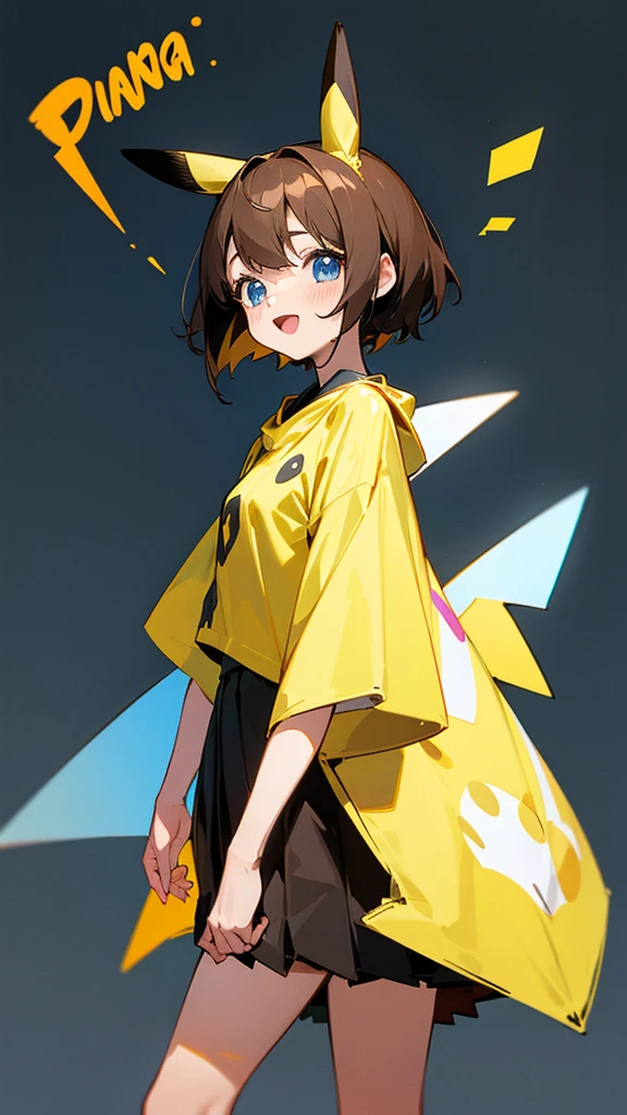 Thick Coating, young, かわいいgirl, Brown Hair, short hair,Pikachu's ears, Yellow clothes, poncho, A short black skirt underneath, blue eyes,look forward to,virtual,girl,whole body,upright,Place your arms at your sides,View from the front,Simple Background,girl,Open your mouth,blue eyes,smile,virtualユーチューバー,Standing upright,Very young,Short sleeve,poncho