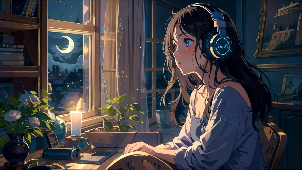 Create an illustration of a girl with dark hair and blue eyes, sitting sideways in front of the window of her room, She is wearing headphones and has a sentimental and introspective expression, Moonlight softly shines into the room, gently illuminating the space, Curtains sway in the breeze, enhancing the serene, melancholic atmosphere, Emphasizing the themes of solitude, silence, and the depths of night, the room is dark but slightly illuminated by moonlight