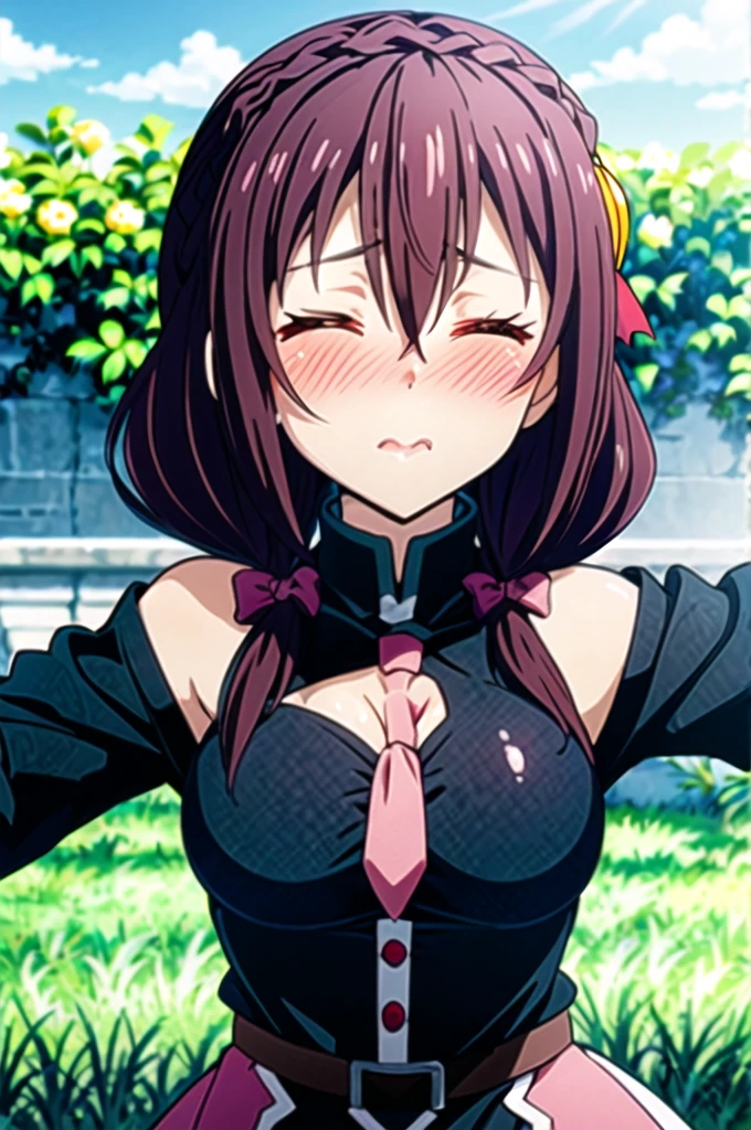 (masterpiece, Highest quality), One girl, Yunyun,Long Hair,Braiding,Twin tails,Hair between the eyes,Red hair ribbon,hair ornaments,large round breasts,、Pink Skirt、Black Hair、Crown Blade,Black Shirt, Long sleeve,Pink tie, belt, Cleavage cutout、Above chest、(blush:1.ung face、grassland、(Kiss the viewer)、((Close your eyes:1.5))、The face is slightly tilted up