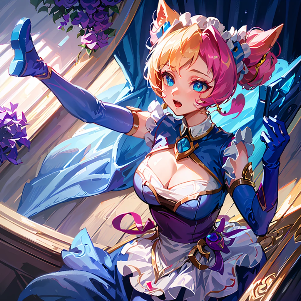 ((best quality)), (Extremely detailed),  ((Ultra HD)), (masterpiece), (high quality), (best quality), (4K), (high quality), （1 girl），slim, （Transparent fabric），Gwen，League of Legends，Curled up double ponytails，avatar，Cleavage，Ultra-high resolution，