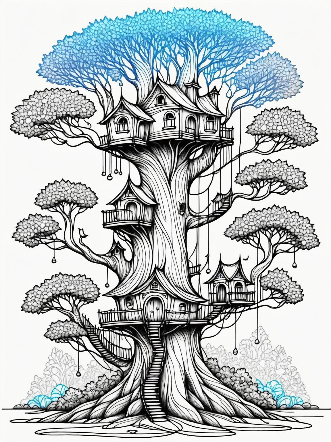 Whimsical tree house village, line art, black and white, intricate details, coloring book page, fantasy forest setting, black and white illustration, coloring book style, white background, detailed pen drawing, high contrast, clean lines, suitable for coloring, vector-like, easy to color