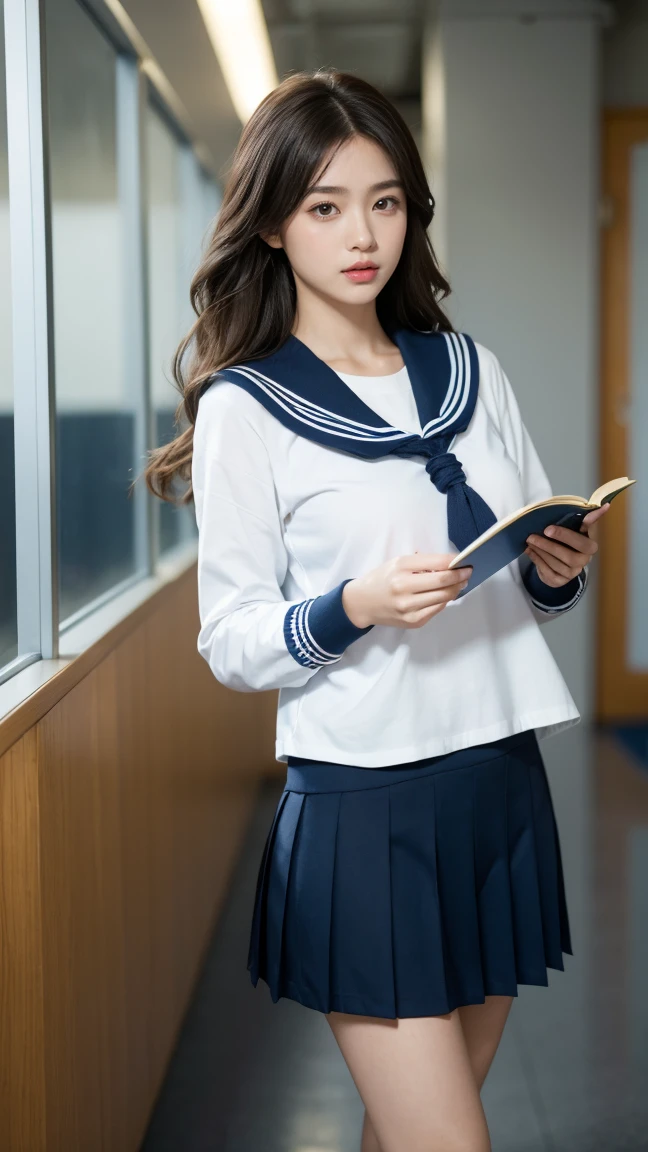 Highest quality,masterpiece,Ultra-high resolution,(Actual:1.4),Original photo,Ultra-high resolution,8K,There are women,Fair skin,Exquisite makeup,High heels,Long legs,Bright and beautiful,Strongly blurred beautiful office corridor background,Super long brown hair,Hair with loose waves inside、reaching down to the waist、wearing student clothes、Long sleeve sailor suit worn by Japan 、blue cuffs、Dark blue mini pleated skirt, white socks、Black loafers、school classrooms、High school girl reading a book、a sailor suit