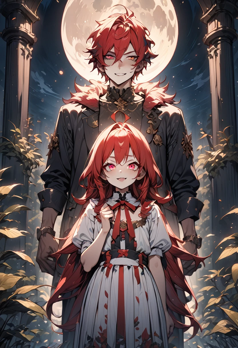 (award winning, 8k, super detailed, high resolution, best quality), (a young man with red hair and black jacket, smirk face and), (a werewolf with red velvet fur), (standing side by side), detailed eyes, extremely detailed face and features, detailed fangs, in a dark mysterious forest at night, moonlight shining, mist, old trees, moonlit forest, moody lighting, horror atmospheric