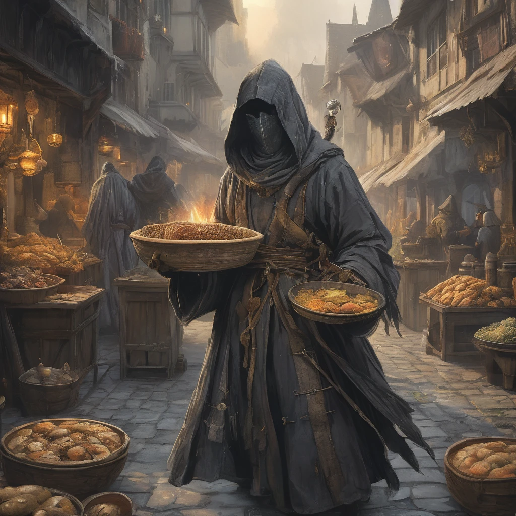 As dawn breaks over the ancient city of Thornvale, the bustling medieval market stirs to life amidst the lingering mist that clings to cobblestone streets. Stallholders, clad in weathered cloaks and adorned with charms against ill fortune, begin to unveil their wares beneath canopies of shadowed silk and tattered banners.

The air is thick with the aroma of exotic spices and potions brewed to ward off curses, mingling with the scent of freshly baked bread and smoked meats. Merchants call out their wares in hushed tones, their eyes wary of the shadows that seem to dance at the edges of the market square.

Amidst the throng of buyers and sellers, figures cloaked in hooded robes and wielding staffs adorned with runes weave through the crowd. They seek ingredients for arcane rituals and artifacts rumored to hold the power of ancient gods—objects that whisper promises of forbidden knowledge and untold riches.

At the heart of the market, a mysterious figure stands silhouetted against the rising sun, their presence a harbinger of both curiosity and unease. Their gaze, hidden behind a mask wrought of silver and obsidian, lingers on a stall adorned with talismans and amulets said to protect against the encroaching darkness.

In this realm of dark medieval fantasy, where every coin spent may buy more than mere goods, alliances are forged and destinies entwined amidst the clatter of horse hooves and the distant tolling of a somber bell. As the morning unfolds, secrets buried beneath layers of illusion and intrigue begin to surface, revealing a world where even the most innocent transaction may have dire consequences.