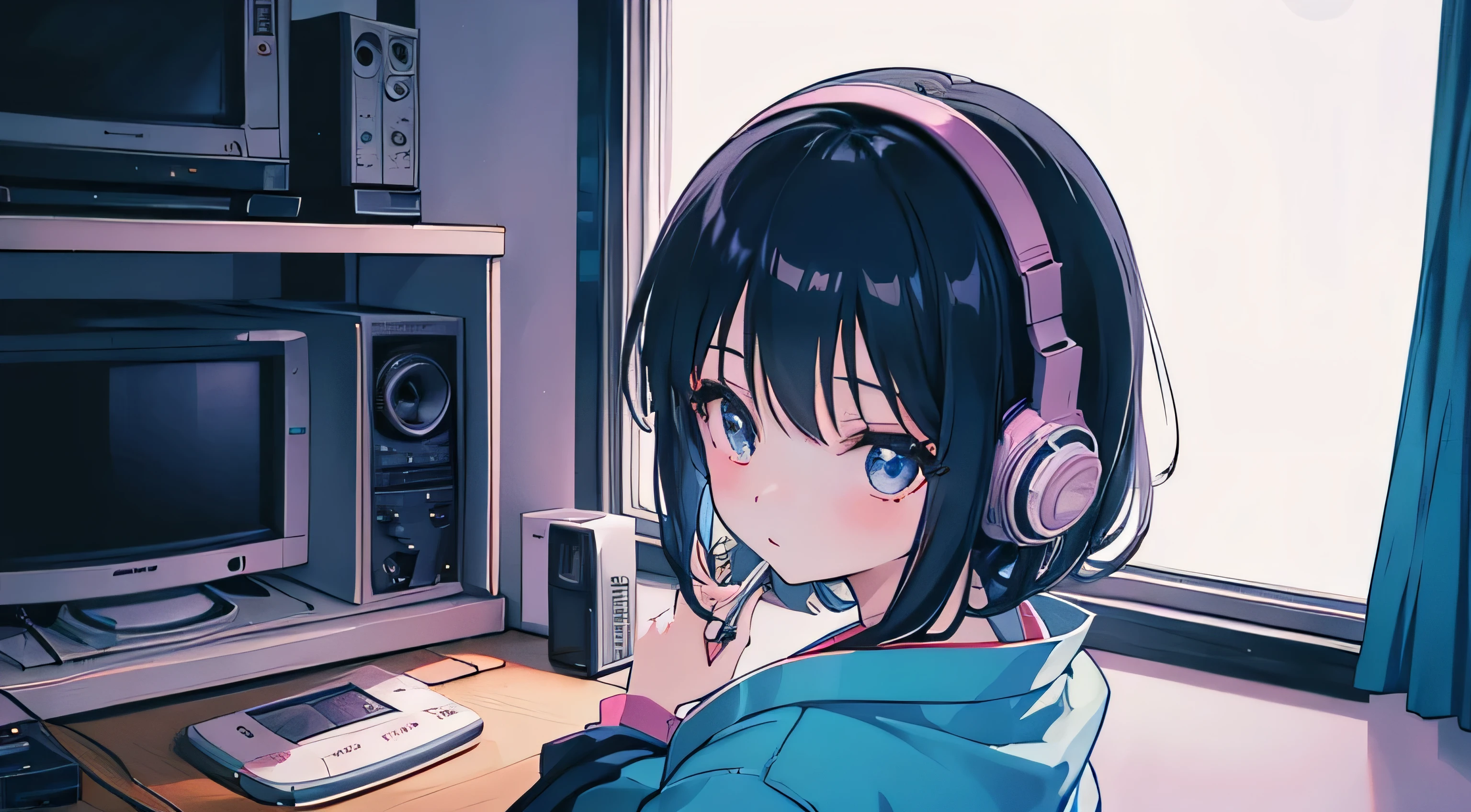 Japanese anime style, stylish girl, 1980s style, in a room, night view outside the window, listening to music on a radio cassette player, computer on a desk