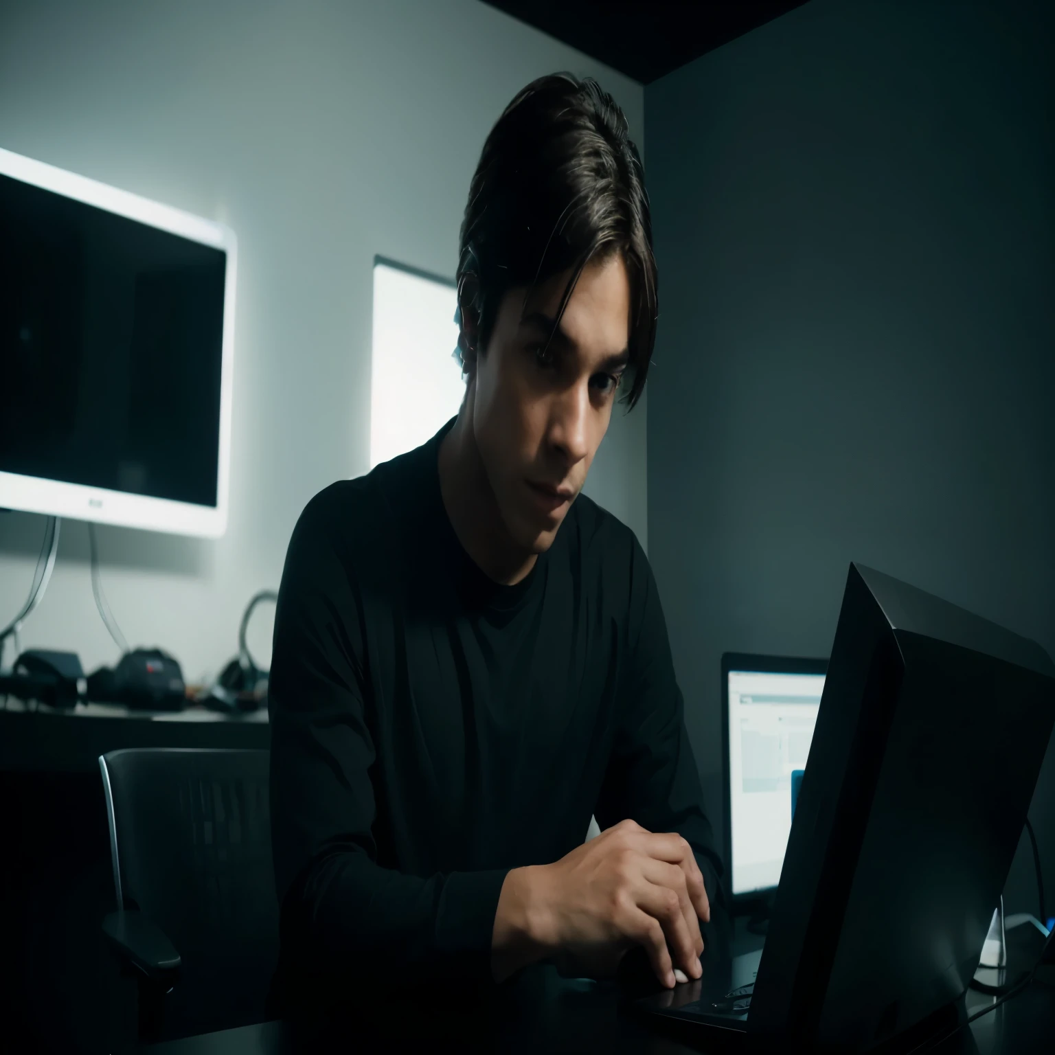 Highly detailed portrait of a young man sitting at a computer desk in a studio as he wears a smart black shirt and his hands are clasped together on the desk. The office has futuristic black lighting that looks straight at the camera