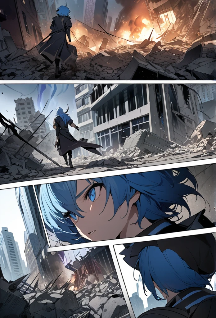 ((highest quality)), ((masterpiece)), ((detailed)), A man with blue hair and blue eyes throwing knives and lightning at dark creatures of shadows and demons comic ebook storyboard three panels HQ In a city in rubble and destroyed