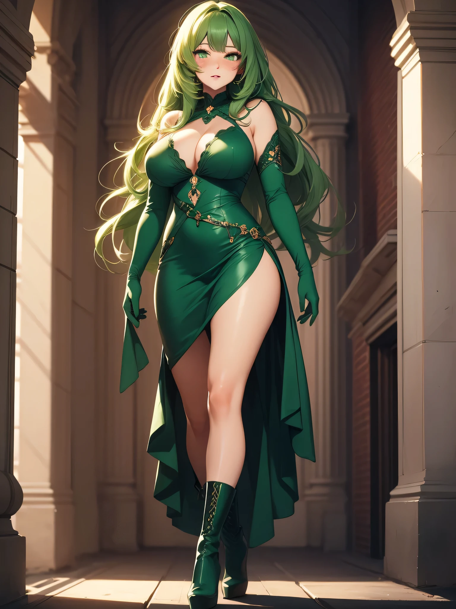 Full body, beatiful green eyes, blush, cute face, realistic, 8k, best quality, masterpiece, high resolution, (1 cute woman, solo: 1.1), very big breasts, long green hair, green dress, green elbow gloves, green high heel boots