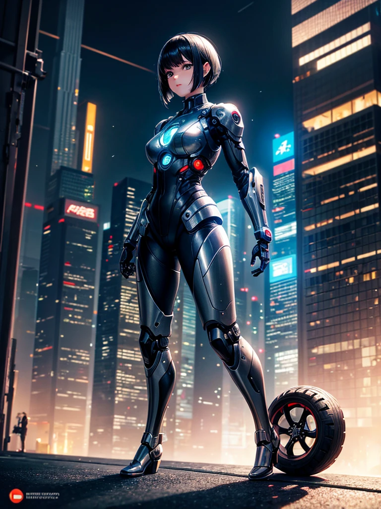 Highest quality,Highest Resolution,beautiful girl,Android,metallic,Mechanic,cyborg,Future city at night,Short black hair,whole body,Ride on a futuristic machine and drive,Move,