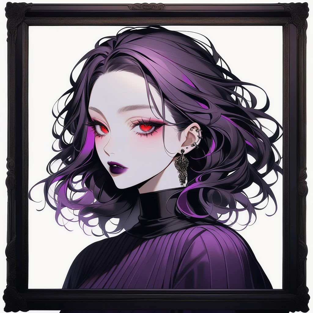 Kyoko has long, flowing black, often messy hair with a purple tint, styled in a sleek and elegant manner. Her piercing red eyes are framed by thick lashes, she have dark, bold lipstick that highlights her full lips. Kyoko wear black and purple pullover that is always too big for Her and black short.