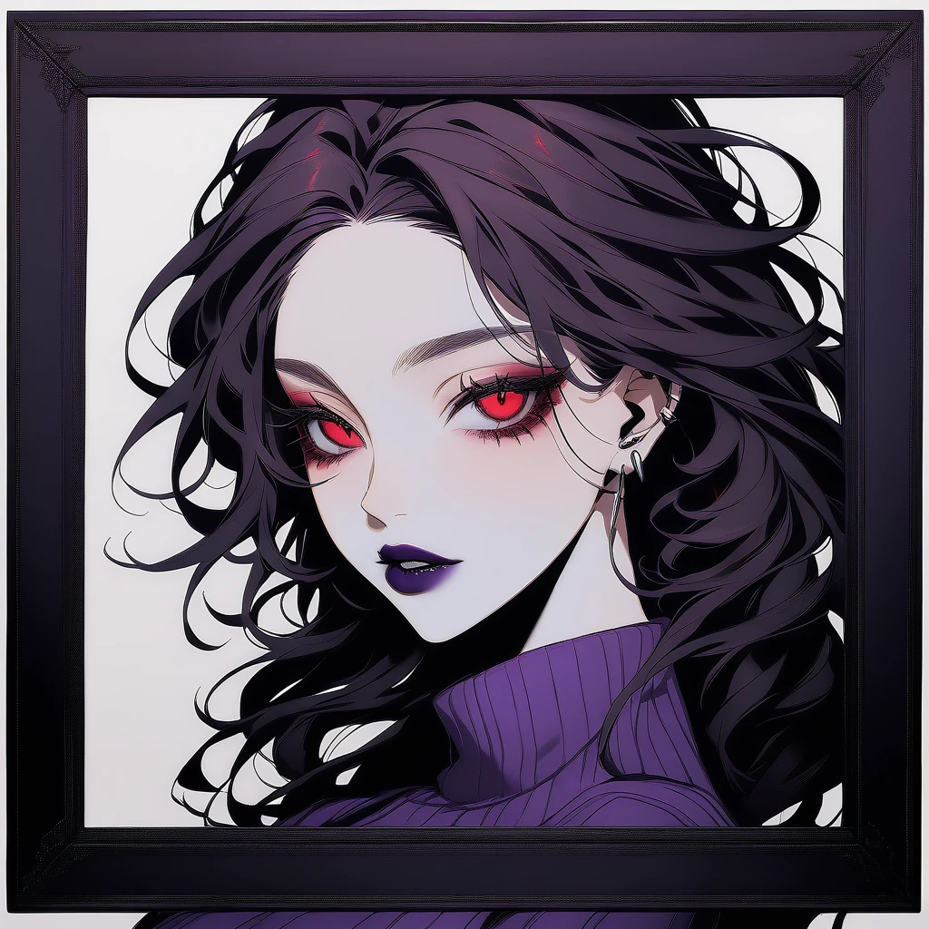 Kyoko has long, flowing black, often messy hair with a purple tint, styled in a sleek and elegant manner. Her piercing red eyes are framed by thick lashes, she have dark, bold lipstick that highlights her full lips. Kyoko wear black and purple pullover that is always too big for Her and black short.