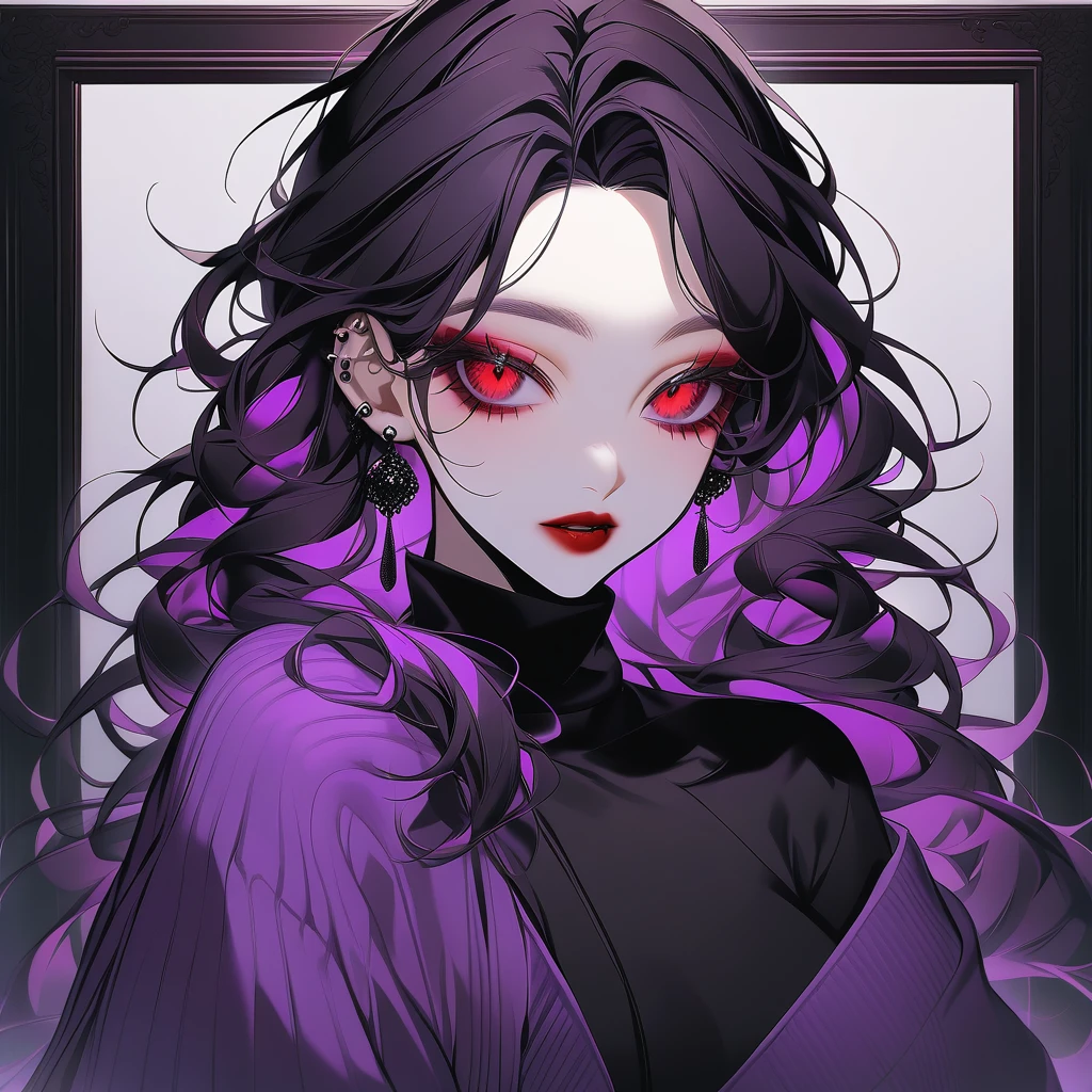 Kyoko has long, flowing black, often messy hair with a purple tint, styled in a sleek and elegant manner. Her piercing red eyes are framed by thick lashes, she have dark, bold lipstick that highlights her full lips. Kyoko wear black and purple pullover that is always too big for Her and black short.