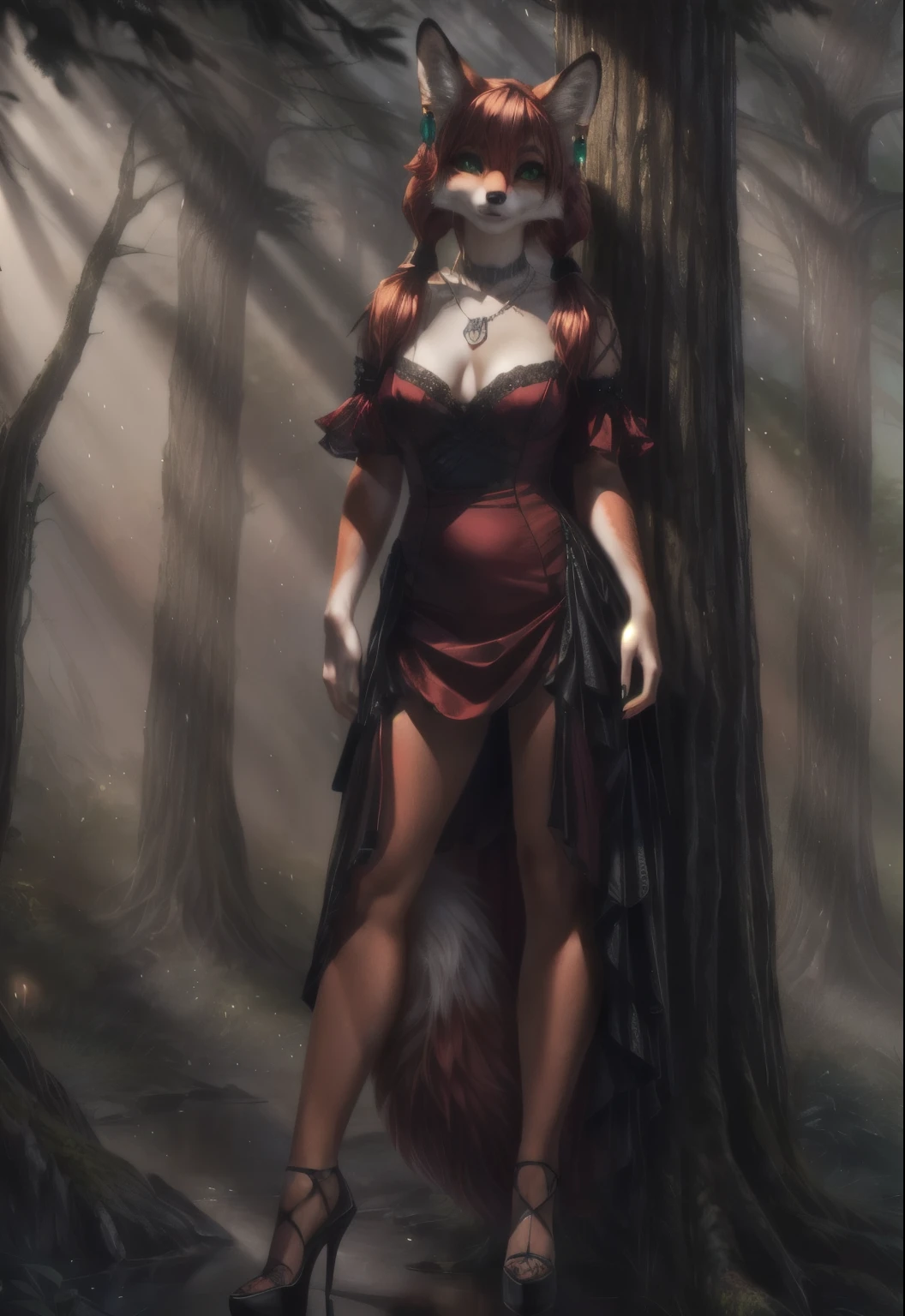 UHD 8k, HDR+, cute anthro female fox with a necklace, large piercing green eyes, huge earrings, giant earrings, with redheads pigtails, fluffy fox red tail, High heels, Red gothic dress, Against the background of the forest, detailed background, realistic, 1girl, solo girl, 20 year old girl, ultra realistic face, hyperrealistic, hyperdetailed, (looking at viewers), sharpen, detailed face, detailed eyes, detailed lips, red lips, beautiful face, 16k, FHD, raw photo, cute face mesh, pretty face mesh, portrait shot 8 k