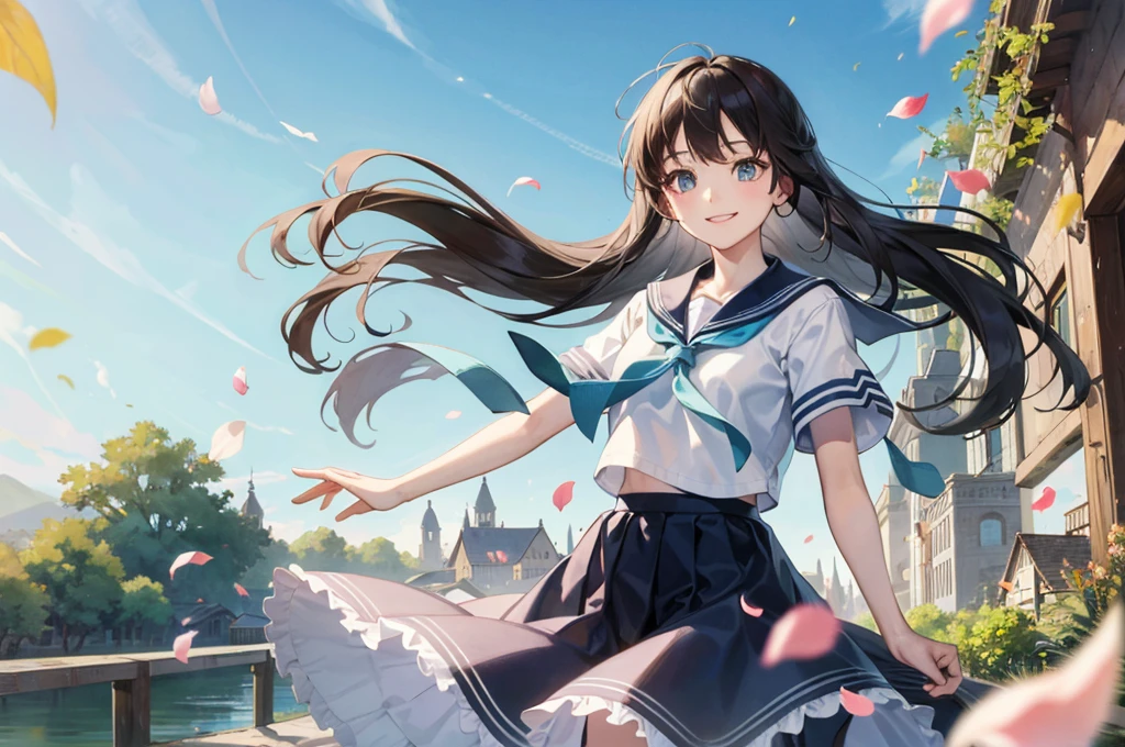 (masterpiece),  town,  blue sky,  One Girl,  smile,  alone,  Sailor suit、Long skirt,  Overgrown,  petal,  plant、Skirt lining、Translucent slip、Nostalgic、Strong winds、Skirt fluttering in the wind