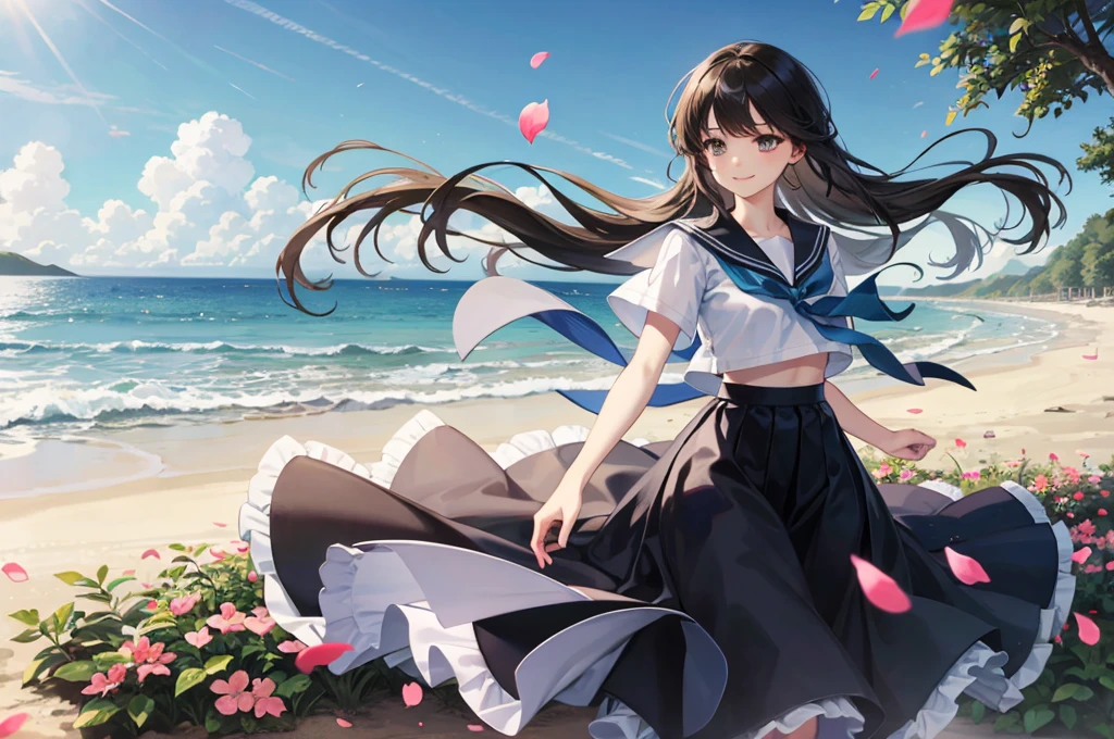 (masterpiece),  town,  blue sky,  One Girl,  smile,  alone,  Sailor suit、Long skirt,  Overgrown,  petal,  plant、Skirt lining、Translucent slip、Nostalgic、Strong winds、Skirt fluttering in the wind