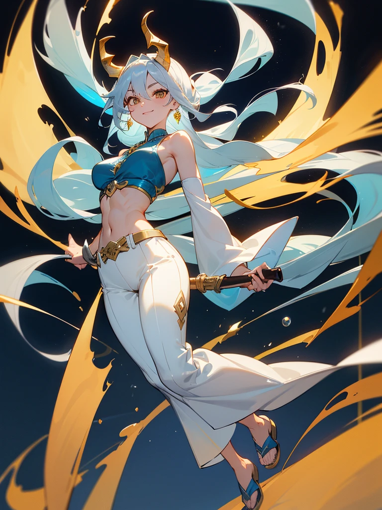 (masterpiece, 7k quality), 1girl, solo, stand confidently, full body, smiling mischievously, long silver hair tied back, sharp golden eyes, pale skin, C-cup breasts, tall, muscular hourglass figure, beautiful six-pack, two beautiful simple golden dragon horns on the head, another set of short golden dragon horns under the ears, sharp golden dragon claws, dragon tail resemble light blue steel, dragon wings resemble light blue steel, blue pear earrings, light blue gemstone necklace with golden dragon phoenix pendant, white sleeveless crop top, ivory trousers, dark blue leather belt, dark blue platform sandals.
