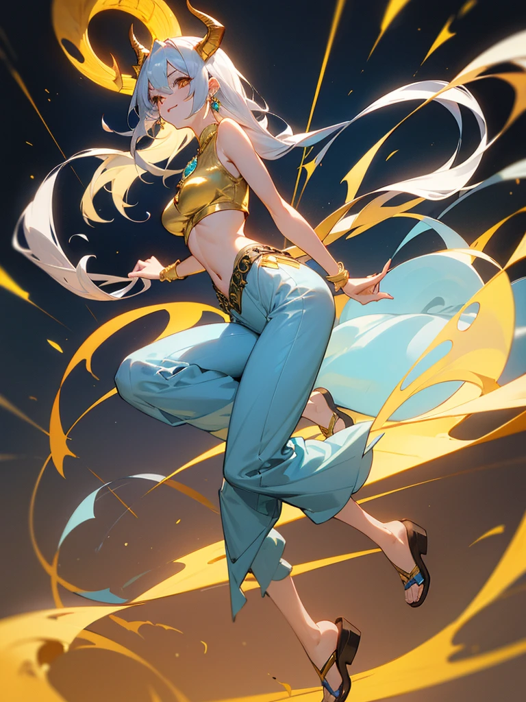 (masterpiece, 7k quality), 1girl, solo, stand confidently, full body, smiling mischievously, long silver hair tied back, sharp golden eyes, pale skin, C-cup breasts, tall, muscular hourglass figure, beautiful six-pack, two beautiful simple golden dragon horns on the head, another set of short golden dragon horns under the ears, sharp golden dragon claws, dragon tail resemble light blue steel, dragon wings resemble light blue steel, blue pear earrings, light blue gemstone necklace with golden dragon phoenix pendant, white sleeveless crop top, ivory trousers, dark blue leather belt, dark blue platform sandals.