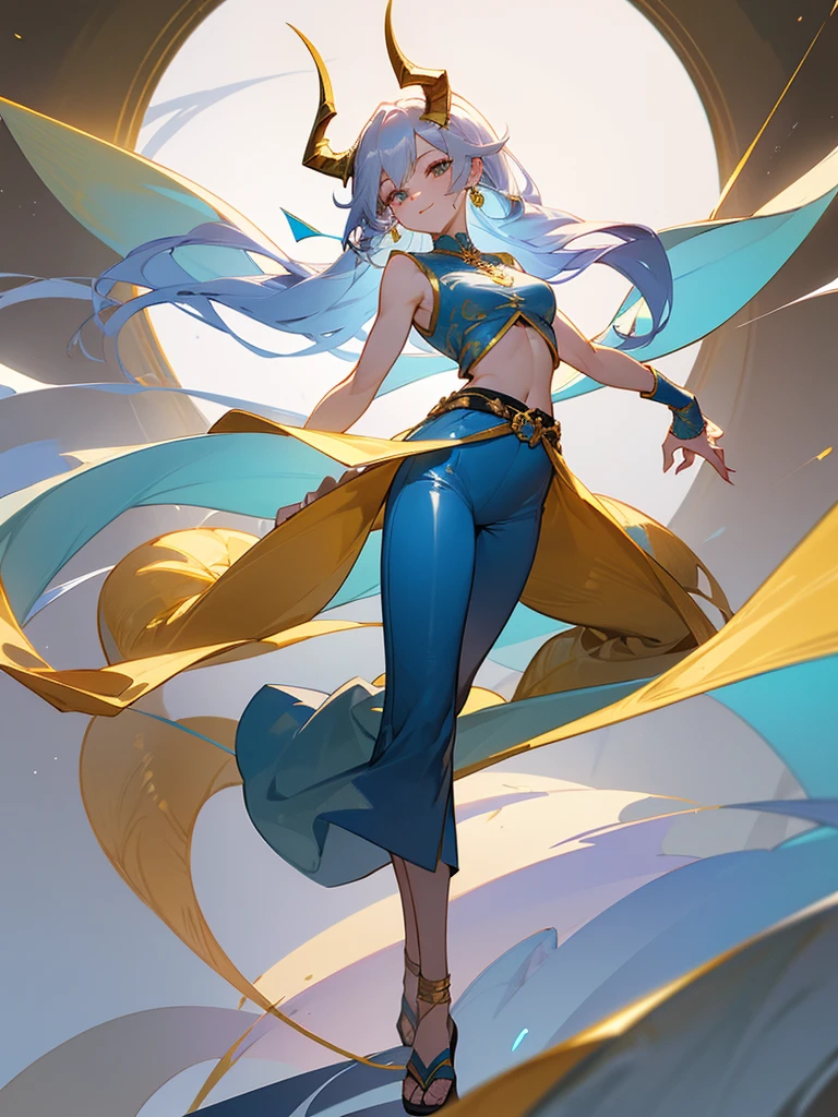 (masterpiece, 7k quality), 1girl, solo, stand confidently, full body, smiling mischievously, long silver hair tied back, sharp golden eyes, pale skin, C-cup breasts, tall, muscular hourglass figure, beautiful six-pack, two beautiful simple golden dragon horns on the head, another set of short golden dragon horns under the ears, sharp golden dragon claws, dragon tail resemble light blue steel, dragon wings resemble light blue steel, blue pear earrings, light blue gemstone necklace with golden dragon phoenix pendant, white sleeveless crop top, ivory trousers, dark blue leather belt, dark blue platform sandals.
