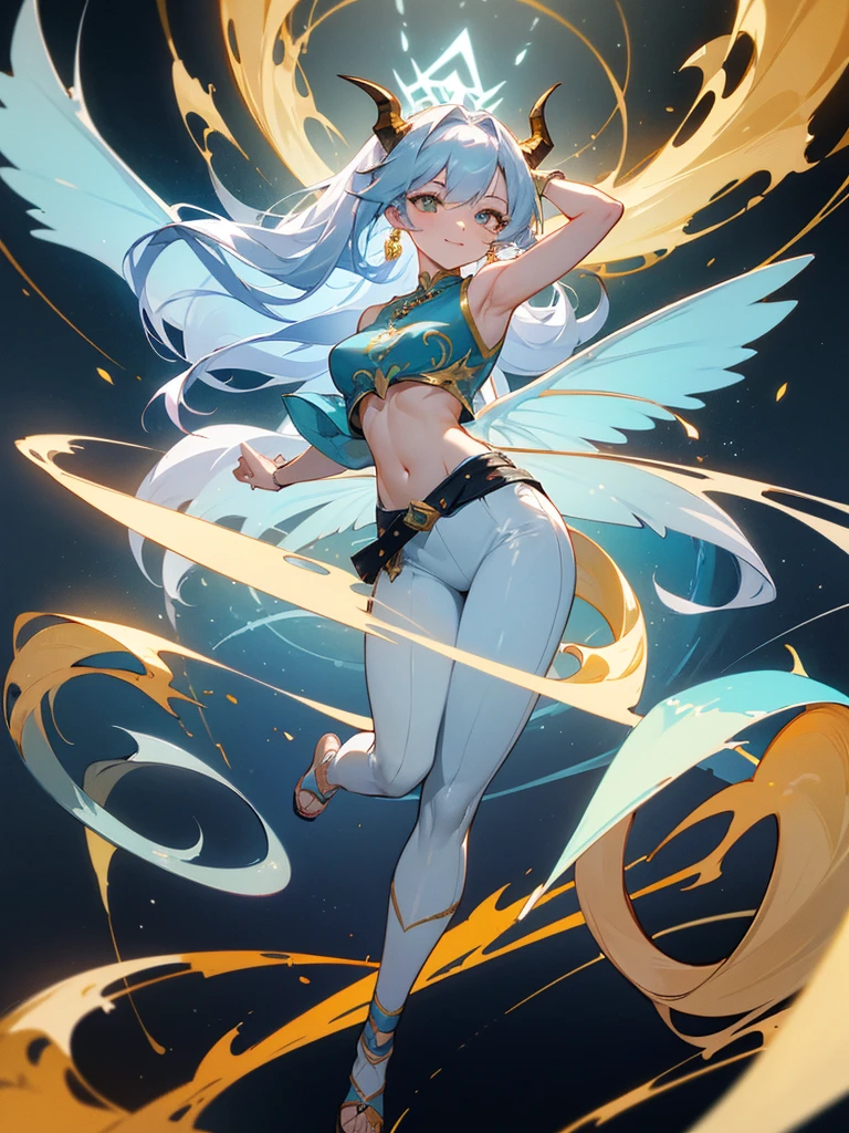 (masterpiece, 7k quality), 1girl, solo, stand confidently, full body, smiling mischievously, long silver hair tied back, sharp golden eyes, pale skin, C-cup breasts, tall, muscular hourglass figure, beautiful six-pack, two beautiful simple golden dragon horns on the head, another set of short golden dragon horns under the ears, sharp golden dragon claws, dragon tail resemble light blue steel, dragon wings resemble light blue steel, blue pear earrings, light blue gemstone necklace with golden dragon phoenix pendant, white sleeveless crop top, ivory trousers, dark blue leather belt, dark blue platform sandals.