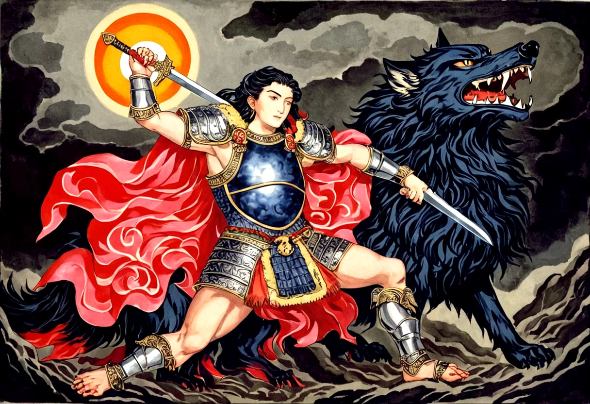 god  of the sun and darkness (posing holding a sword covered in an aura of darkness and the sun With long black hair And a strong body With armor defeat a fenrir