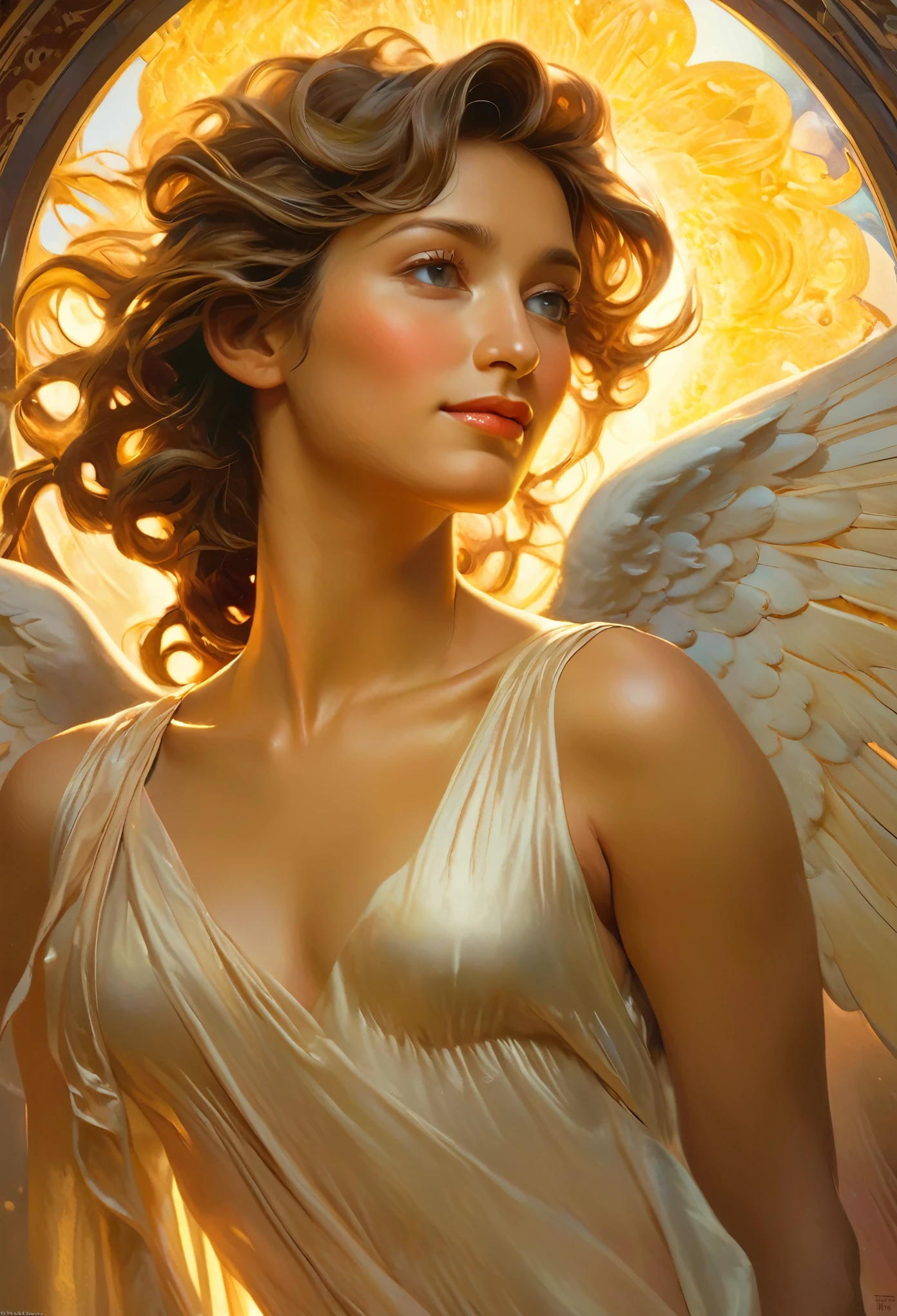 (best quality,4k,8k,highres,masterpiece:1.2), ultra-detailed, (realistic,photorealistic,photo-realistic:1.37),Close-up portrait of the most beautiful angel in the universe, D & D, face, Fantasy, complicated, elegant, Very detailed, Digital Painting, Art Station, Concept Art, Smooth, Sharp focus, figure, ArtJam, Greg Rutkowski, Art by Alphonse Mucha, sexy, golden eyes, (winking at viewers:1.5), Surrounded by a mysterious aura