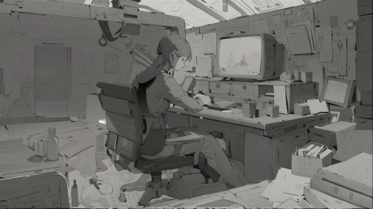 There is a painting,A lady sitting at a table, keyframe illustration, 高级Concept Art家, Master's Research, 电子游戏的Concept Art, Inspired by veteran environment artists, Concept Art场景, 2D Concept Art, 插图Concept Art, Composition research, Concept Art, 深色高对比度Concept Art, Sitting at his desk, 黑暗Concept Art, detailed 2d illustration