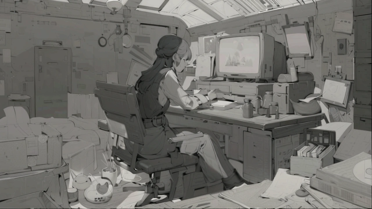 There is a painting,A lady sitting at a table, keyframe illustration, 高级Concept Art家, Master's Research, 电子游戏的Concept Art, Inspired by veteran environment artists, Concept Art场景, 2D Concept Art, 插图Concept Art, Composition research, Concept Art, 深色高对比度Concept Art, Sitting at his desk, 黑暗Concept Art, detailed 2d illustration