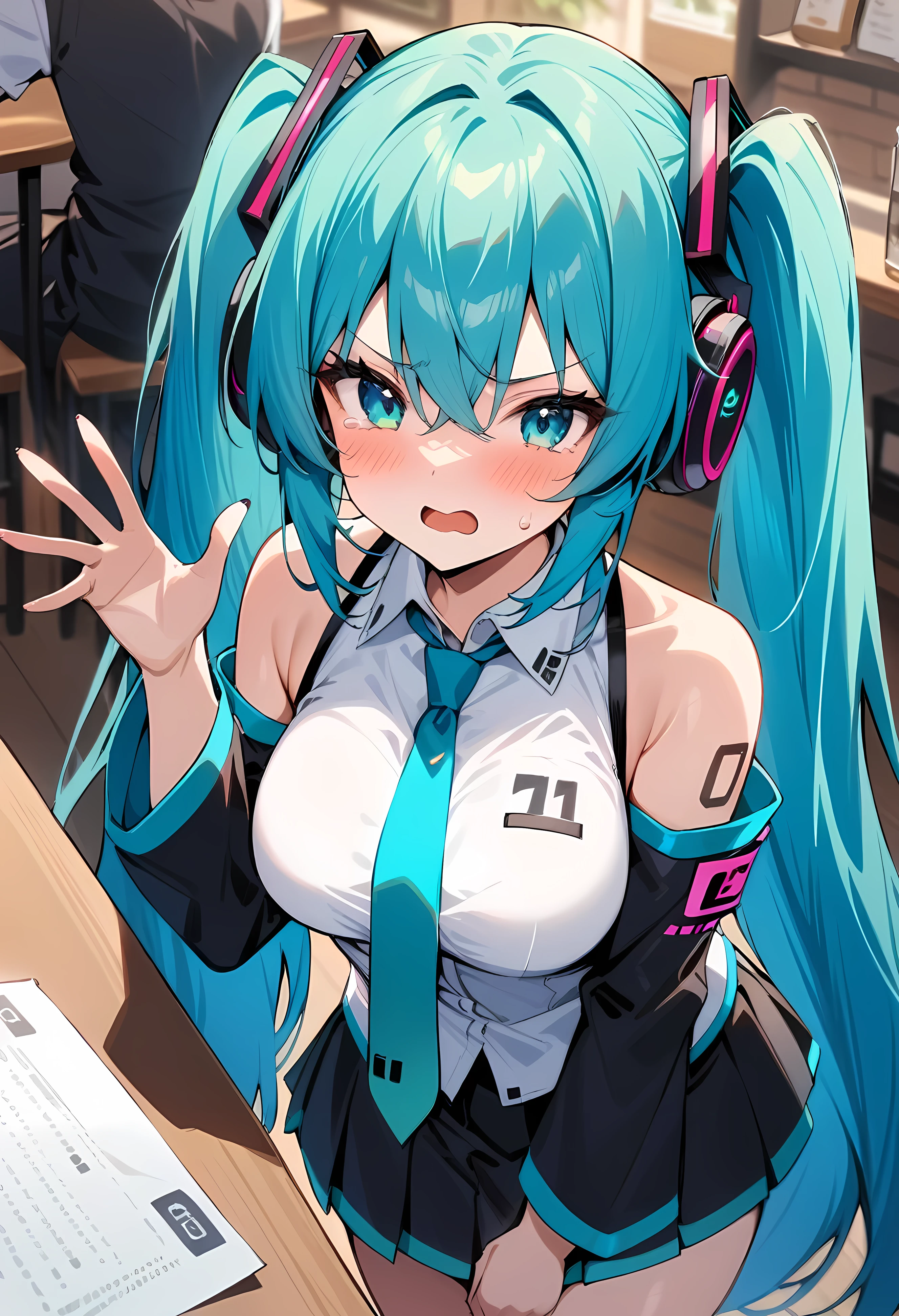 masterpiece, best quality, very aesthetic, absurdres, newest,1girl, masturbating, fingering_gesture ,tear in eyes,,embarrassed, ,hatsune_miku, vocaloid, aqua_eyes, aqua_hair, aqua_necktie, black_skirt, black_sleeves, breasts, collared_shirt, detached_sleeves, headphones, headset, long_hair, medium_breasts, necktie, number_tattoo, paper, pleated_skirt, shirt, skirt, sleeveless, sleeveless_shirt, sweatdrop, tattoo,twintails, v-shaped_eyebrows, very_long_hair, white_shirt,in a cafe