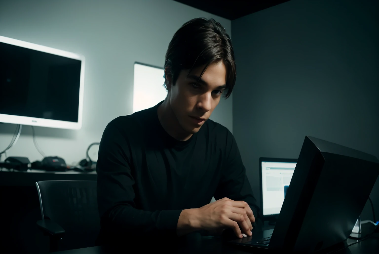 Highly detailed portrait of a young man sitting at a computer desk in a studio as he wears a smart black shirt and his hands are clasped together on the desk. The office has futuristic black lighting that looks straight at the camera