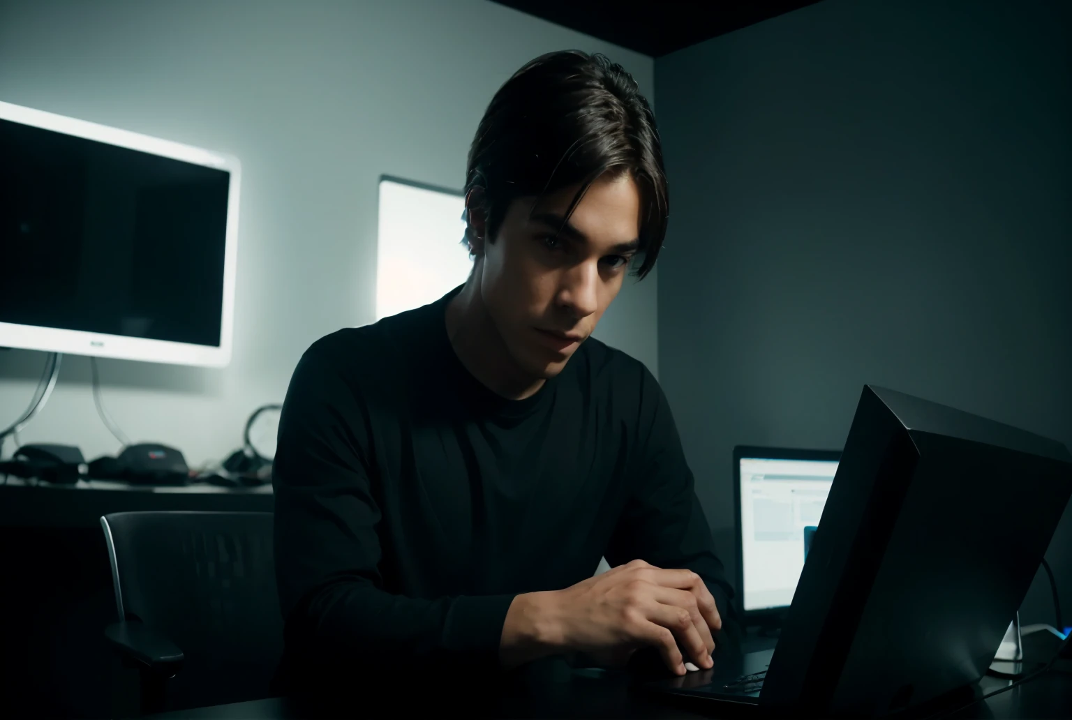 Highly detailed portrait of a young man sitting at a computer desk in a studio as he wears a smart black shirt and his hands are clasped together on the desk.   The office has futuristic black lighting that looks straight at the camera