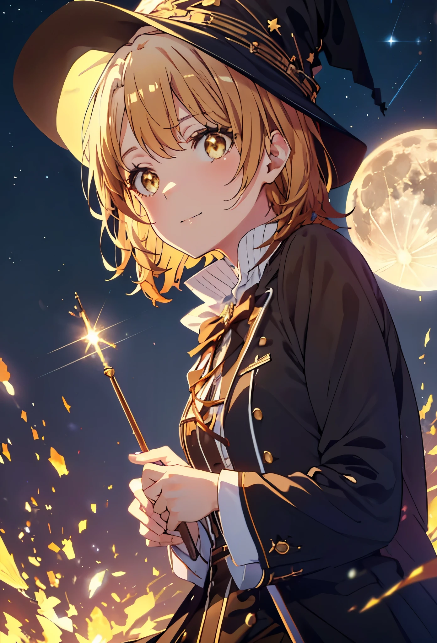 Irohaisshiki, isshiki iroha, short hair, Brown Hair, (Brown eyes:1.5), smile,((Night Sky)),((Big full moon)),((Sparkling and colorful stars)),Fluffy hair,((Idol style costume with soft volume)),Long skirt,((gorgeous wizard hat)),((witch)),(magic wand with a jewel on the tip),Explosive Flame,
break outdoors, forest,forest
break looking at viewer,Upper Body,
break (masterpiece:1.2), Highest quality, High resolution, unity 8k wallpaper, (shape:0.8), (Narrow and beautiful eyes:1.6), Highly detailed face, Perfect lighting, Extremely detailed CG, (Perfect hands, Perfect Anatomy),